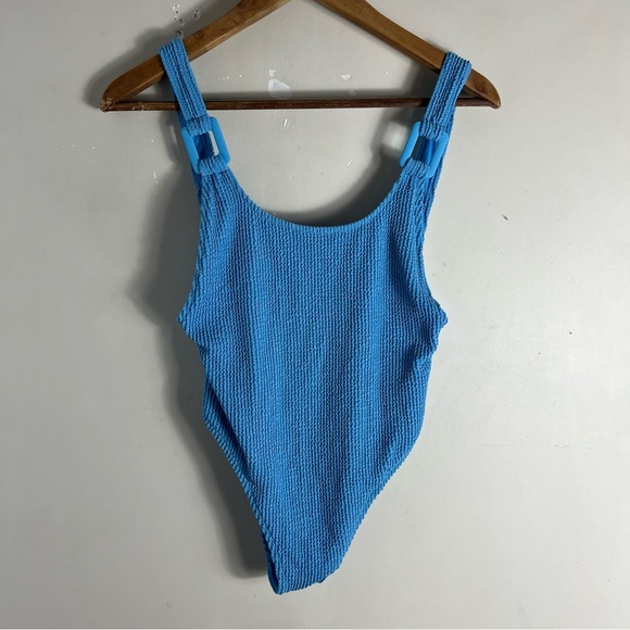 Aerie Shimmery Crinkle Birthday Scoop Cheekiest One Piece Swimsuit Sz Small Blue - Picture 2 of 11